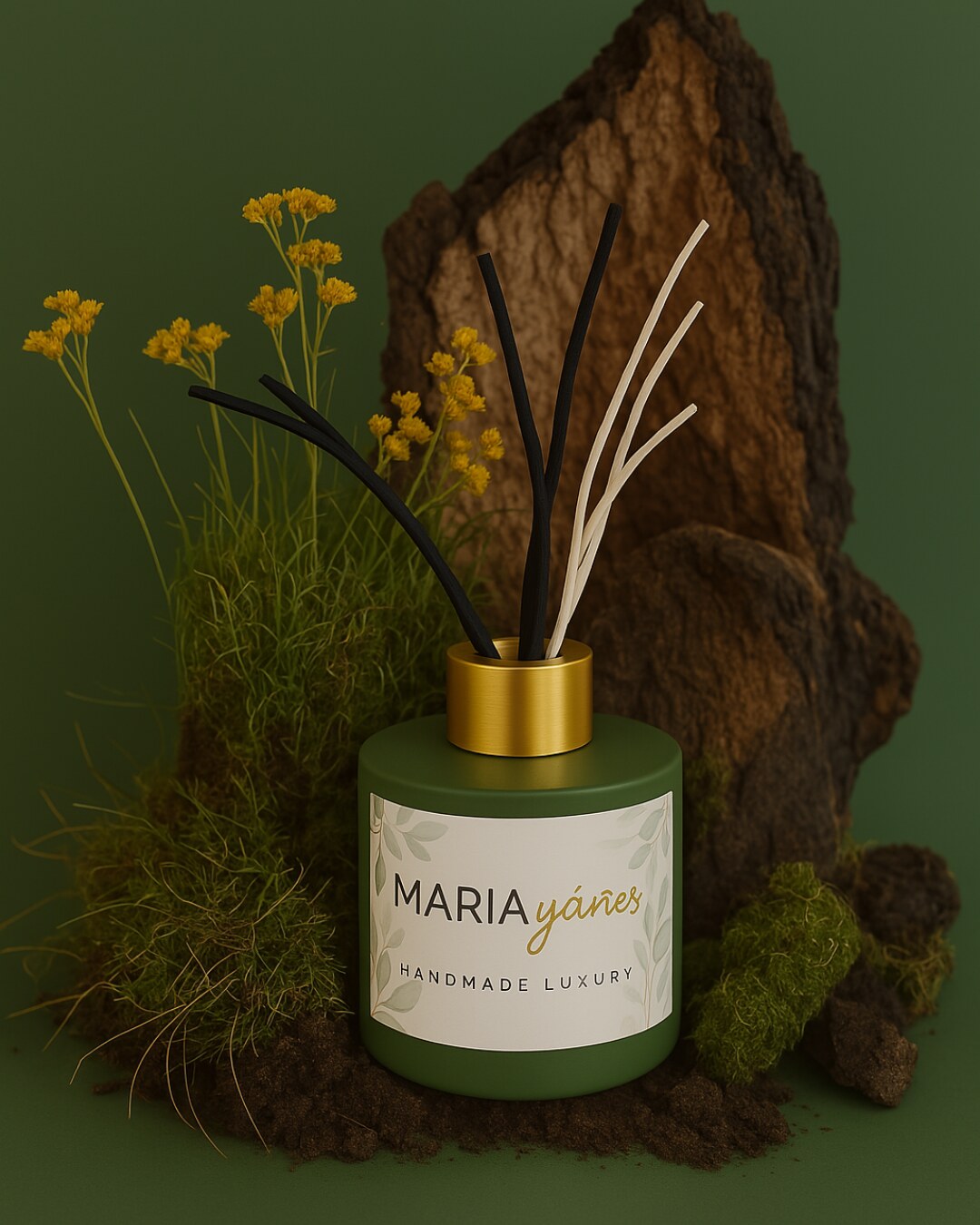 Difusor de ambientes Bosque Atlántico entre madeira e vegetação